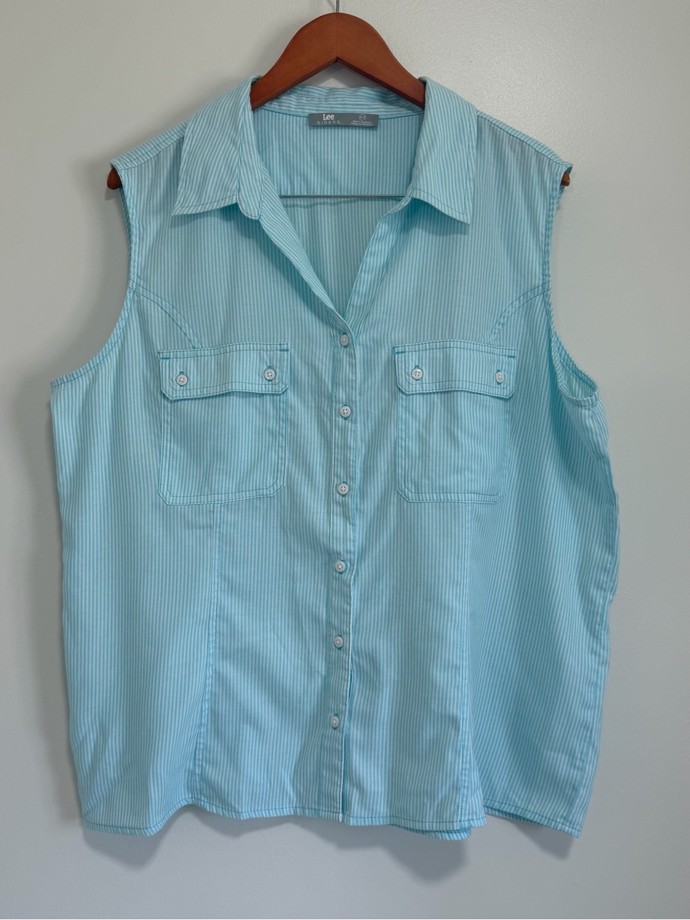 Riders by Lee Aqua Pinstripe Sleeveless Button Down Shirt Coastal Casual Top